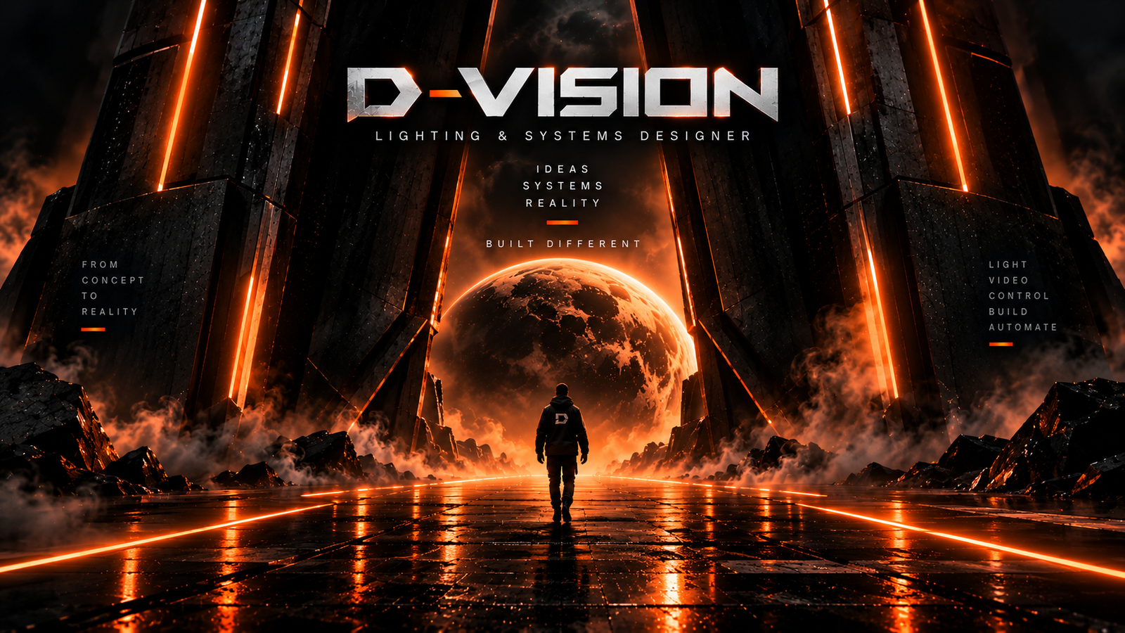 D-VISION concept artwork with monumental dark towers, orange LED floor paths and a glowing planet